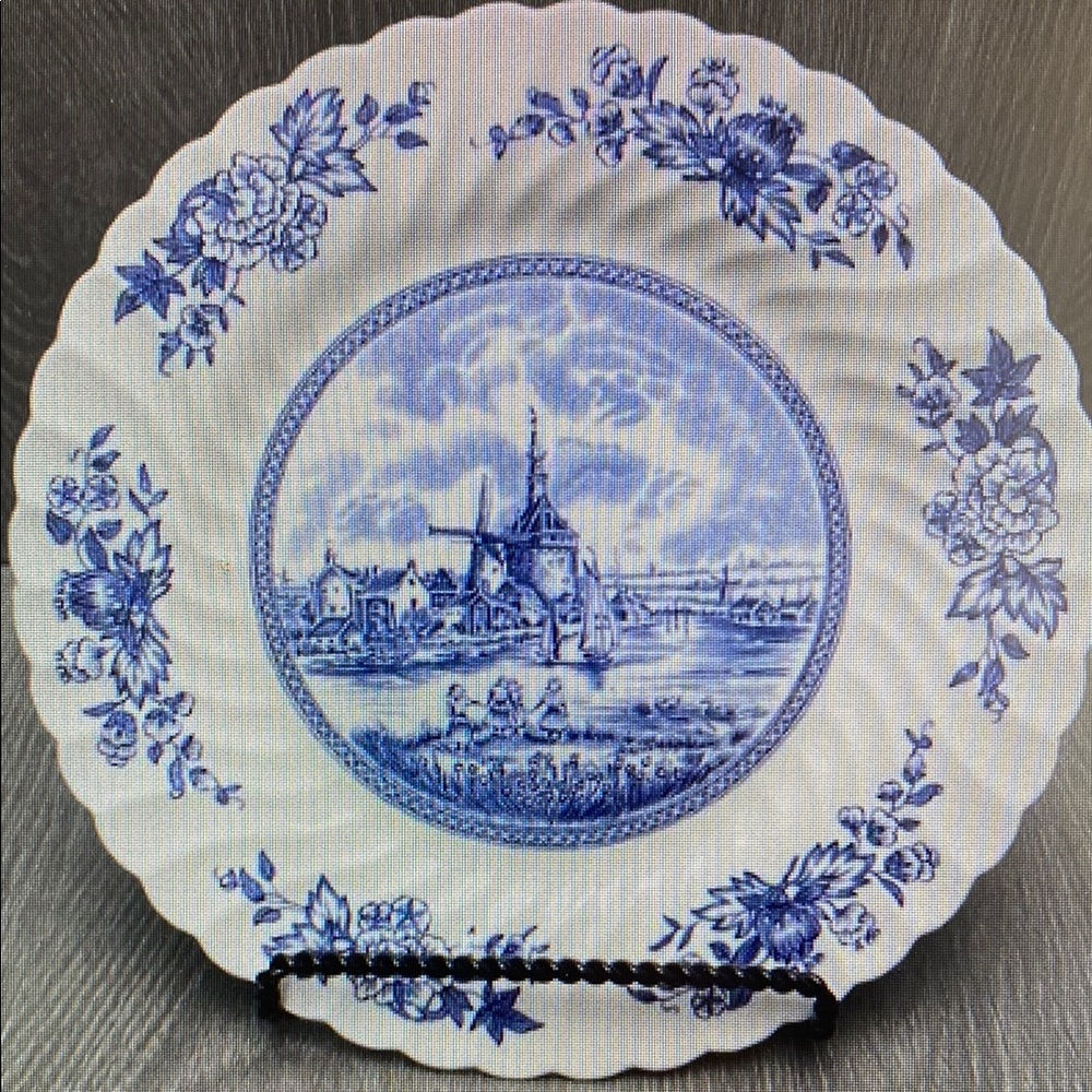 Johnson Bros Tulip Time Collector Plate Blue White Windmill Floral Scalloped Rim
